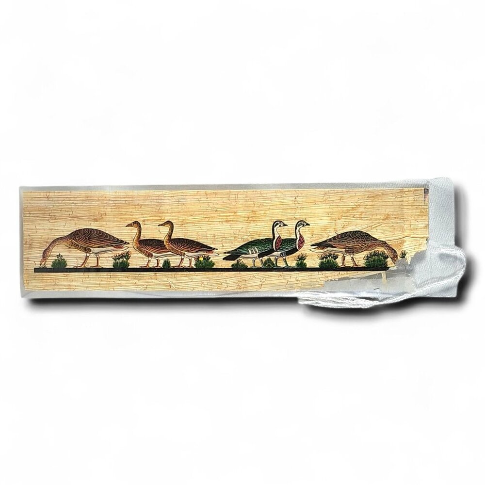 Vintage Egyptian Papyrus Bookmark Hand Painted Geese Birds Hieroglyphics Art